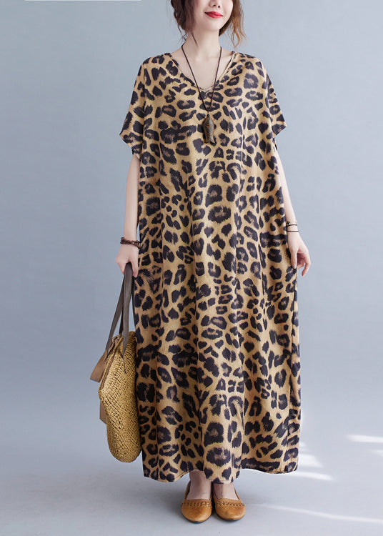 Women V Neck Leopard Print Silk Long Dresses Summer LY2381 - fabuloryshop