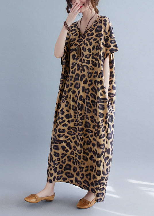 Women V Neck Leopard Print Silk Long Dresses Summer LY2381