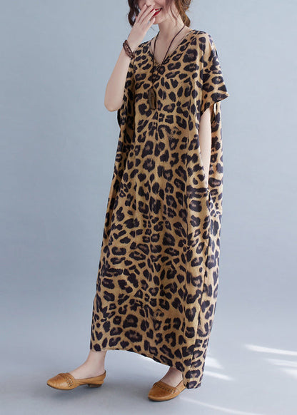 Women V Neck Leopard Print Silk Long Dresses Summer LY2381 - fabuloryshop