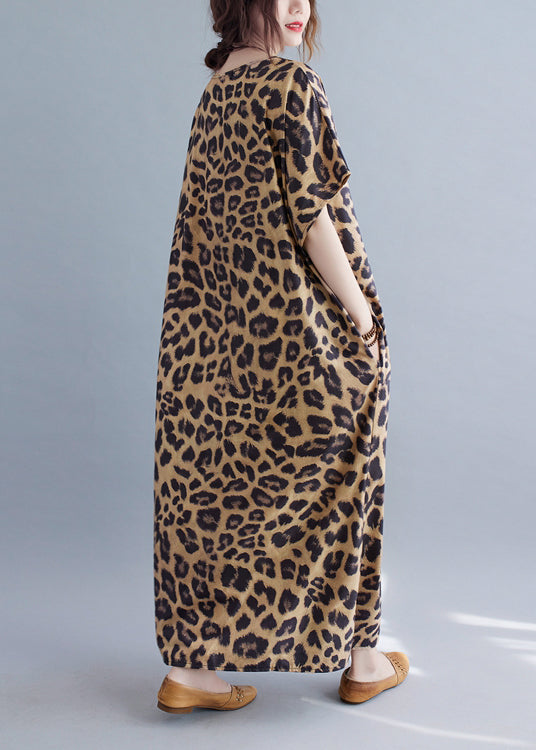 Women V Neck Leopard Print Silk Long Dresses Summer LY2381 - fabuloryshop