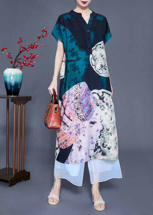 Women V Neck Original Design Print Silk Long Dress Summer LY0932 - fabuloryshop