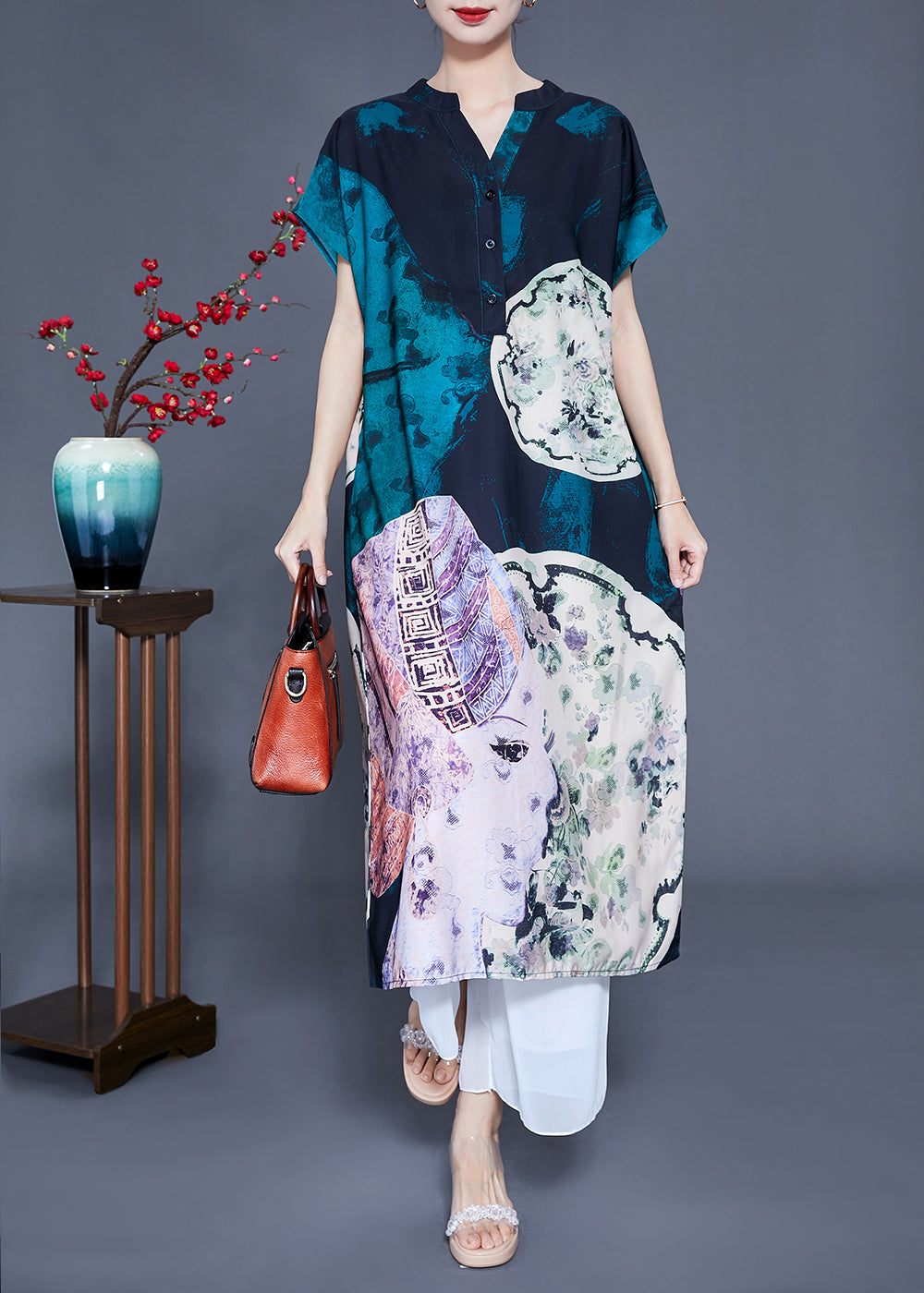 Women V Neck Original Design Print Silk Long Dress Summer LY0932 - fabuloryshop