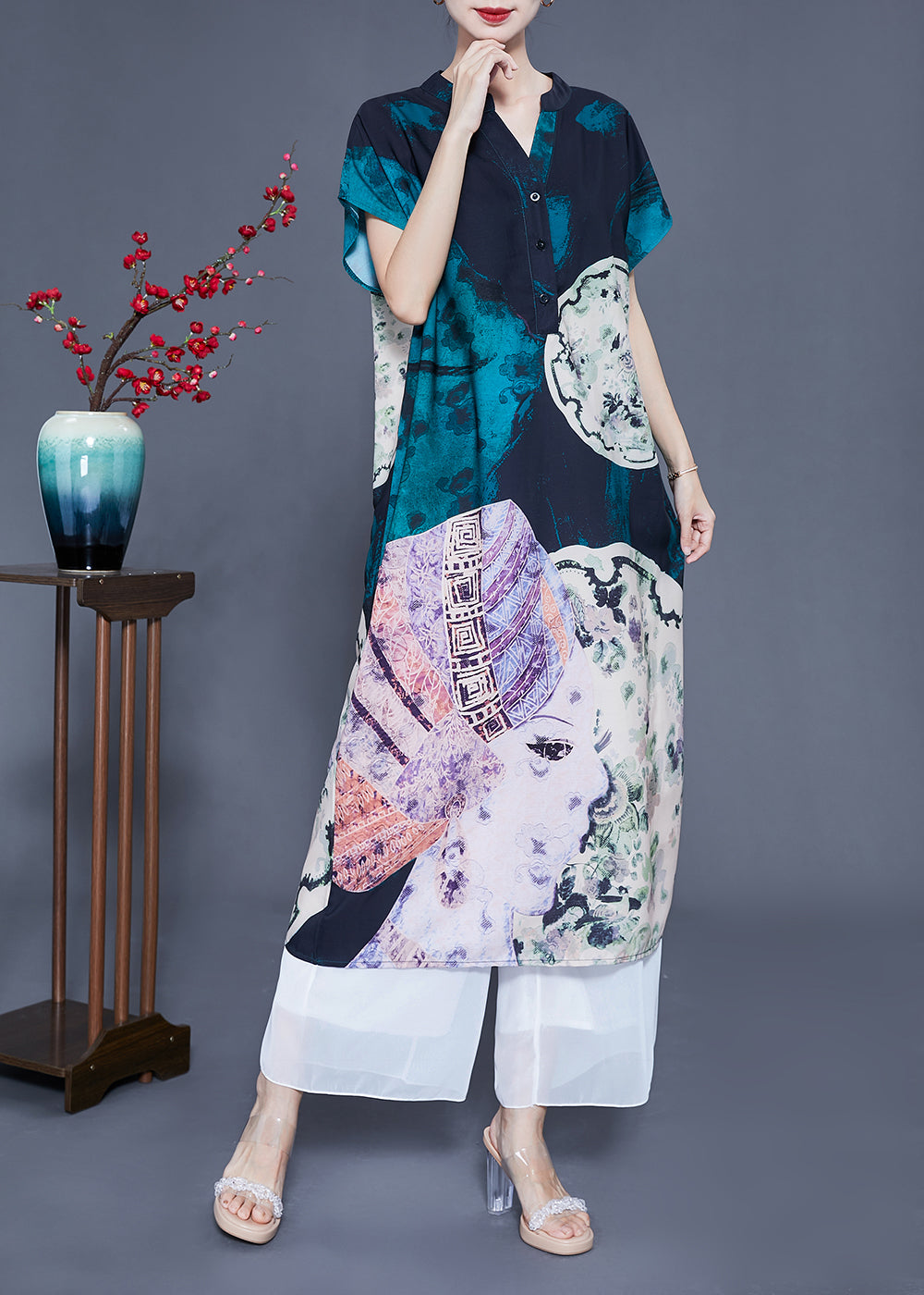 Women V Neck Original Design Print Silk Long Dress Summer LY0932 - fabuloryshop