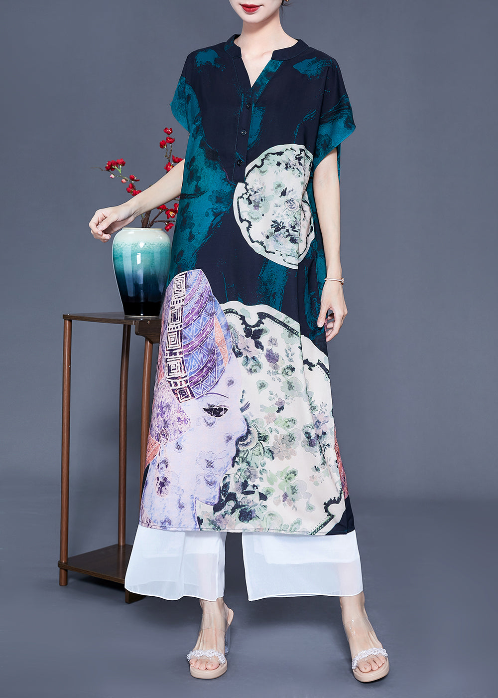 Women V Neck Original Design Print Silk Long Dress Summer LY0932 - fabuloryshop