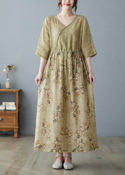 Women V Neck Print Drawstring Linen Maxi Dress Half Sleeve Ada Fashion