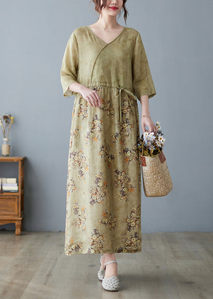 Women V Neck Print Drawstring Linen Maxi Dress Half Sleeve Ada Fashion