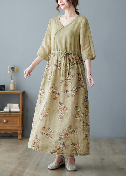 Women V Neck Print Drawstring Linen Maxi Dress Half Sleeve Ada Fashion