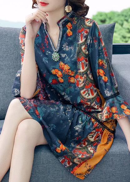 Women V Neck Print Patchwork Chiffon Mid Dresses Summer LY3785 - fabuloryshop