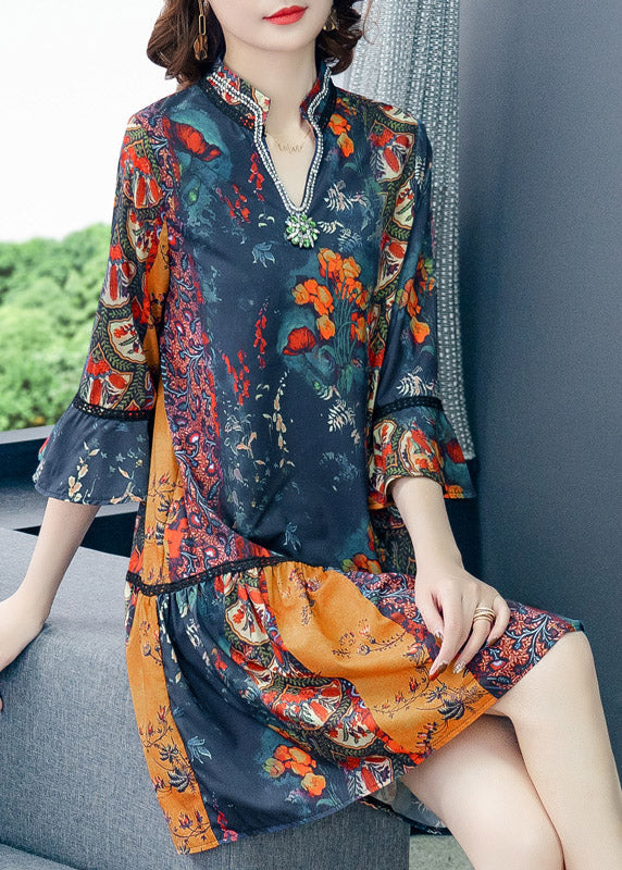 Women V Neck Print Patchwork Chiffon Mid Dresses Summer LY3785 - fabuloryshop