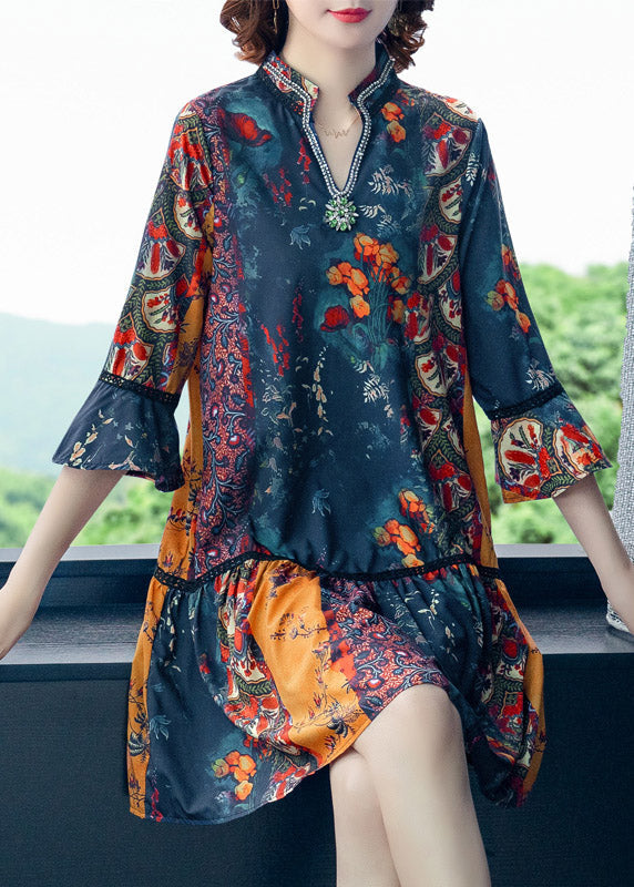 Women V Neck Print Patchwork Chiffon Mid Dresses Summer LY3785 - fabuloryshop