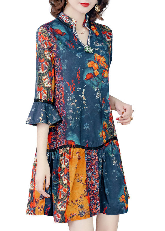 Women V Neck Print Patchwork Chiffon Mid Dresses Summer LY3785 - fabuloryshop