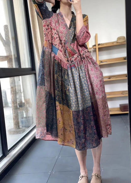 Women V Neck Print Wrinkled Maxi Dress Summer LY4514 - fabuloryshop