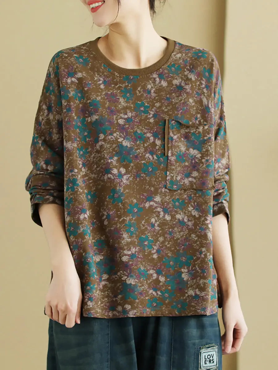 Women Vintage Cotton Flower O-Neck Sweatshirt Ada Fashion