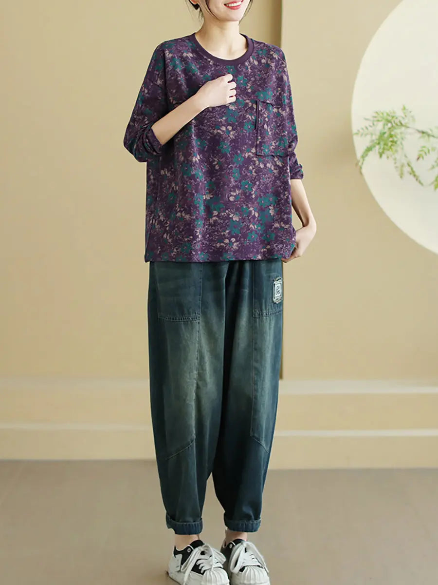 Women Vintage Cotton Flower O-Neck Sweatshirt Ada Fashion