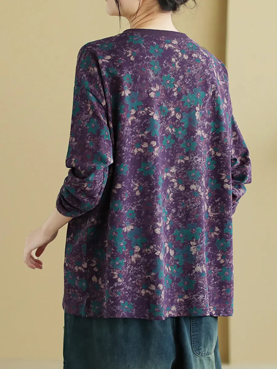 Women Vintage Cotton Flower O-Neck Sweatshirt Ada Fashion