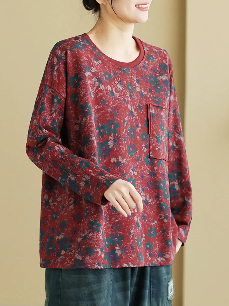 Women Vintage Cotton Flower O-Neck Sweatshirt Ada Fashion