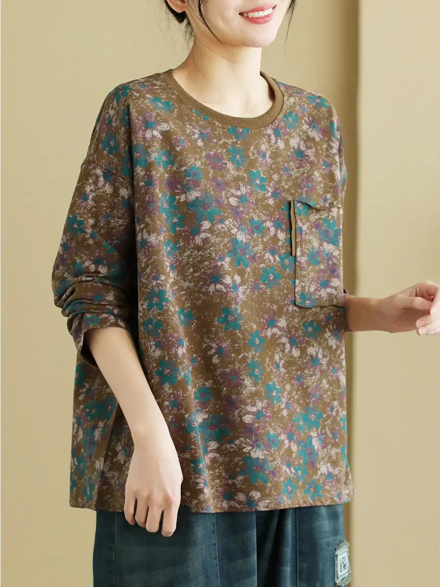 Women Vintage Cotton Flower O-Neck Sweatshirt Ada Fashion