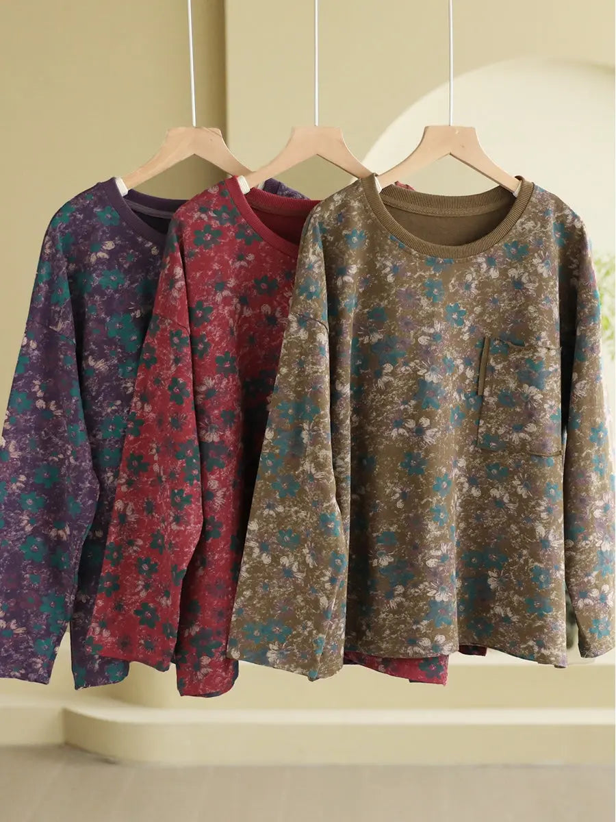 Women Vintage Cotton Flower O-Neck Sweatshirt Ada Fashion