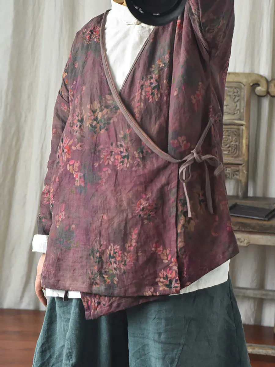 Women Vintage Floral Print Spring Slant-Closure Coat Ada Fashion