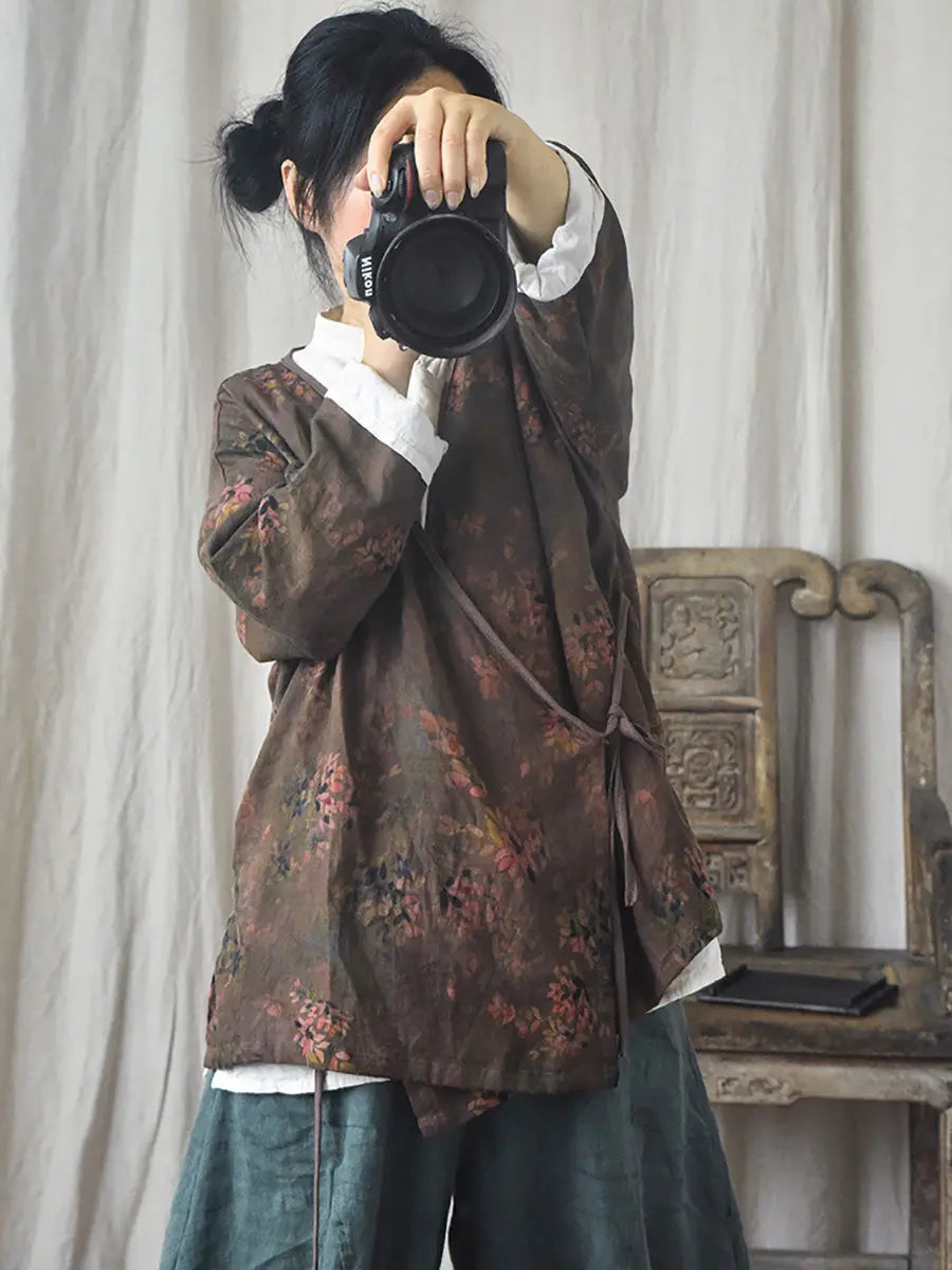 Women Vintage Floral Print Spring Slant-Closure Coat Ada Fashion