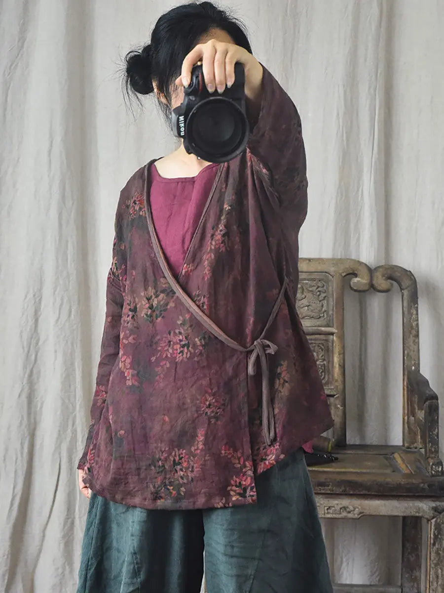 Women Vintage Floral Print Spring Slant-Closure Coat Ada Fashion