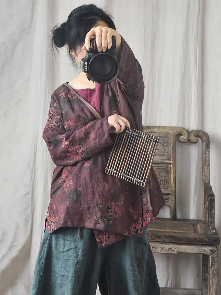 Women Vintage Floral Print Spring Slant-Closure Coat Ada Fashion