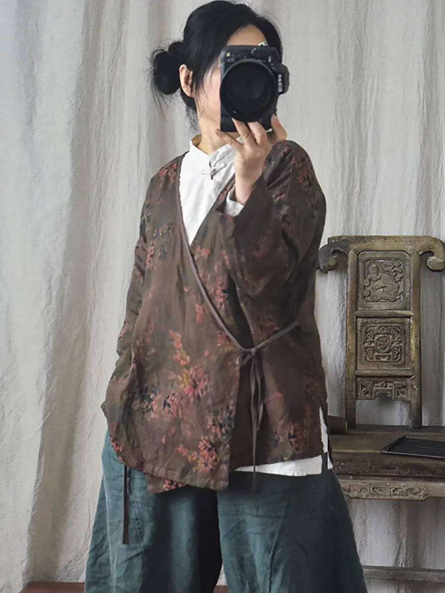 Women Vintage Floral Print Spring Slant-Closure Coat Ada Fashion