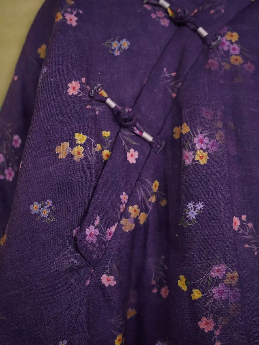 Women Vintage Floral Print V-Neck Linen Padded Coat Ada Fashion