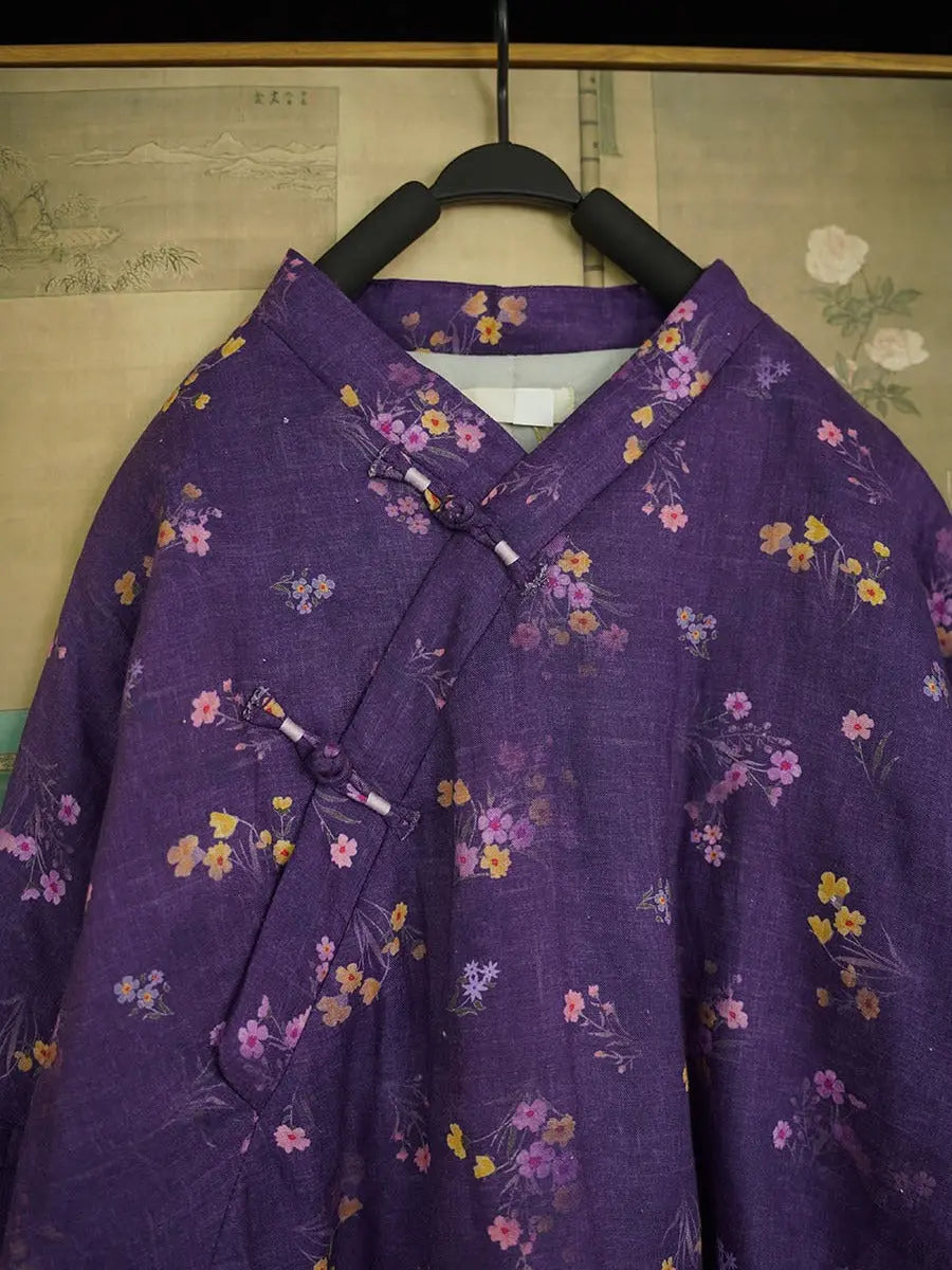 Women Vintage Floral Print V-Neck Linen Padded Coat Ada Fashion