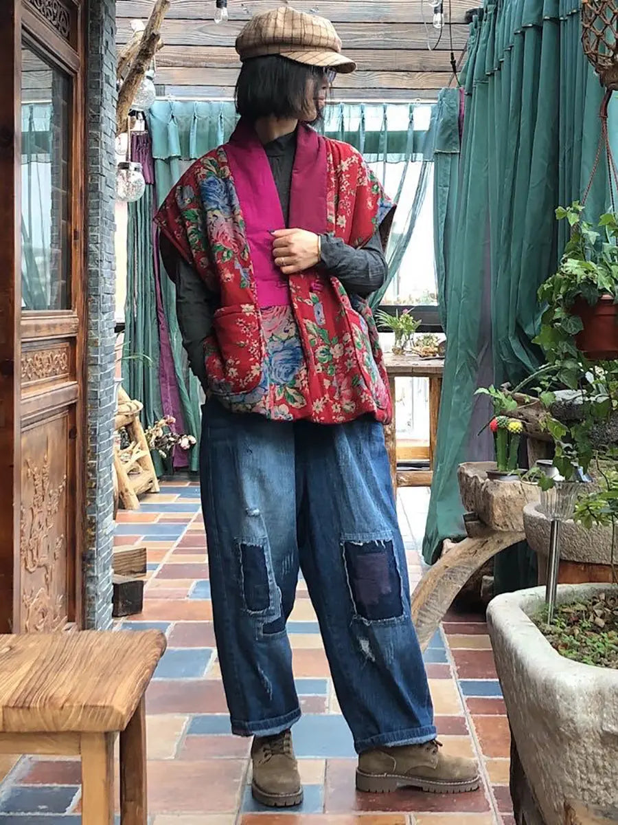 Women Vintage Floral Spliced V-neck Vest Coat Ada Fashion