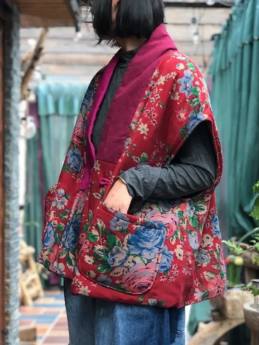 Women Vintage Floral Spliced V-neck Vest Coat Ada Fashion