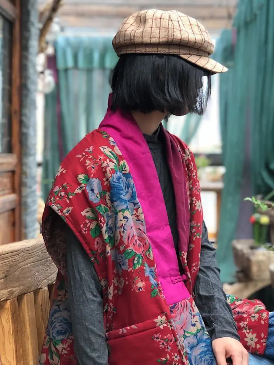 Women Vintage Floral Spliced V-neck Vest Coat Ada Fashion