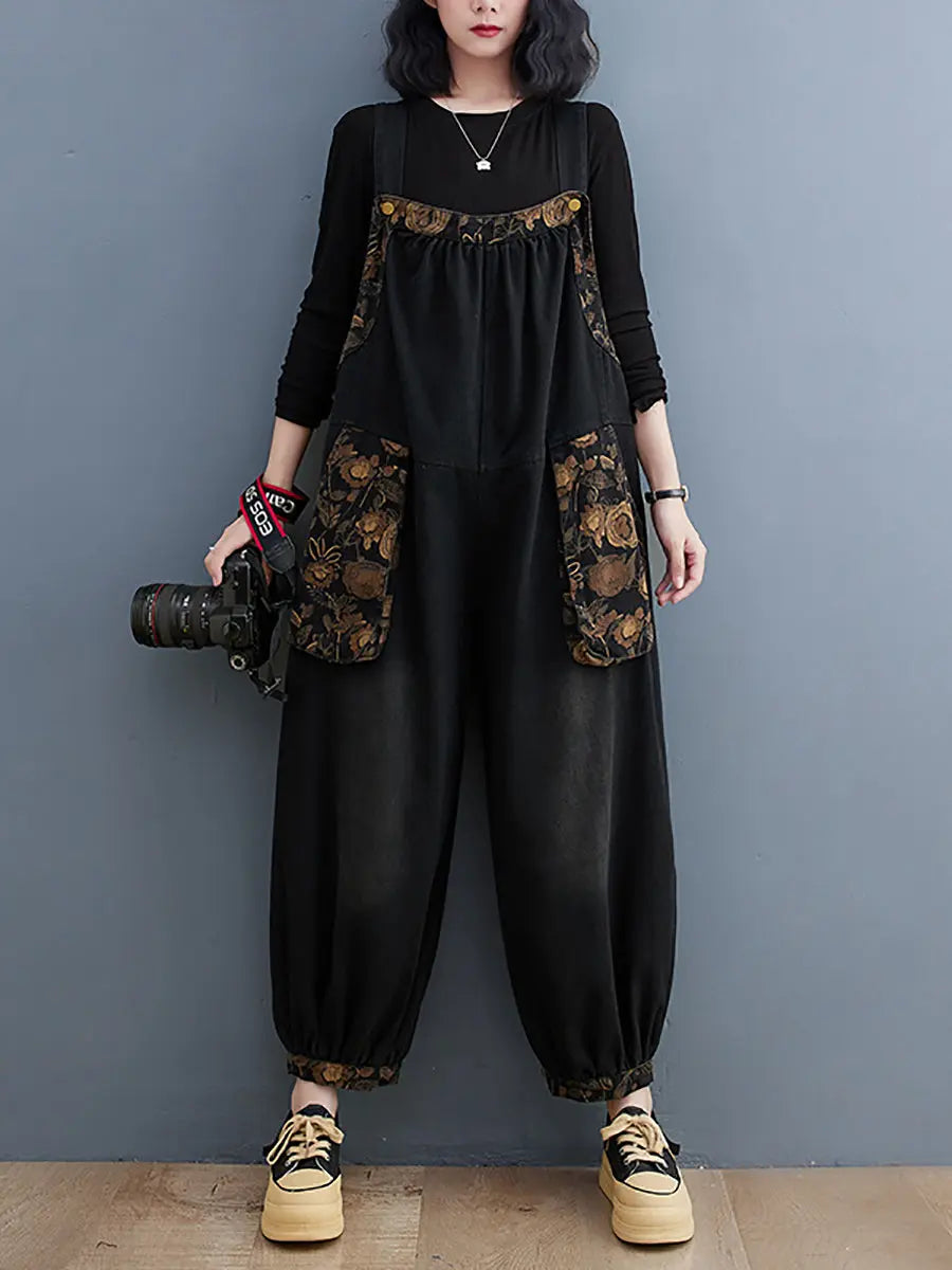 Women Vintage Floral Spliced Winter Denim Jumpsuits Ada Fashion