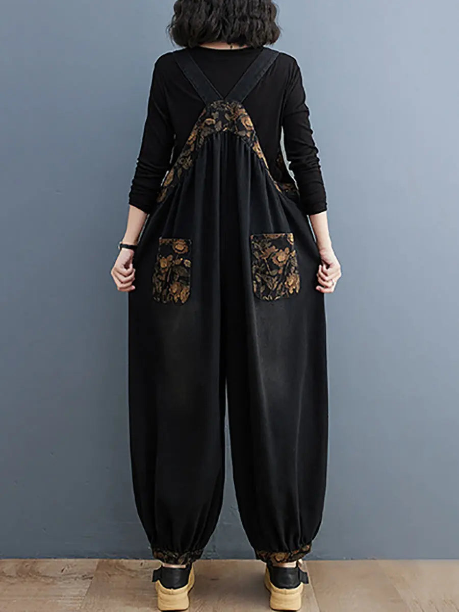 Women Vintage Floral Spliced Winter Denim Jumpsuits Ada Fashion