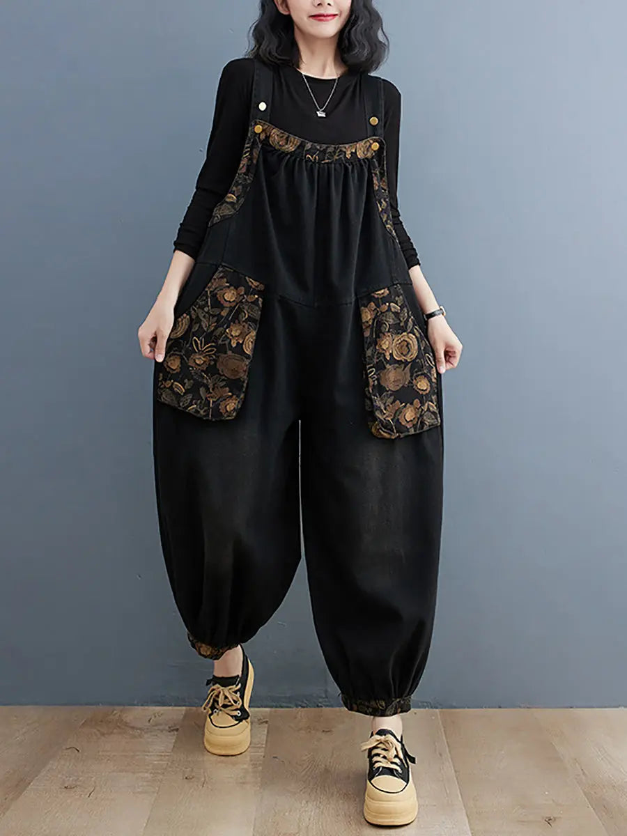 Women Vintage Floral Spliced Winter Denim Jumpsuits Ada Fashion