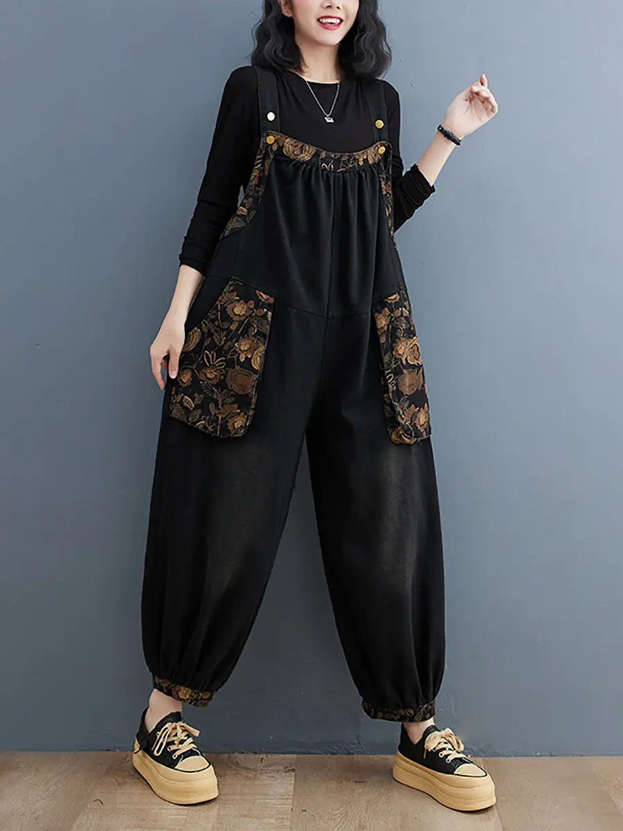 Women Vintage Floral Spliced Winter Denim Jumpsuits Ada Fashion