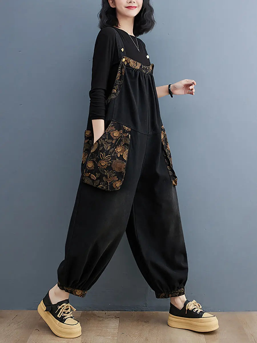 Women Vintage Floral Spliced Winter Denim Jumpsuits Ada Fashion