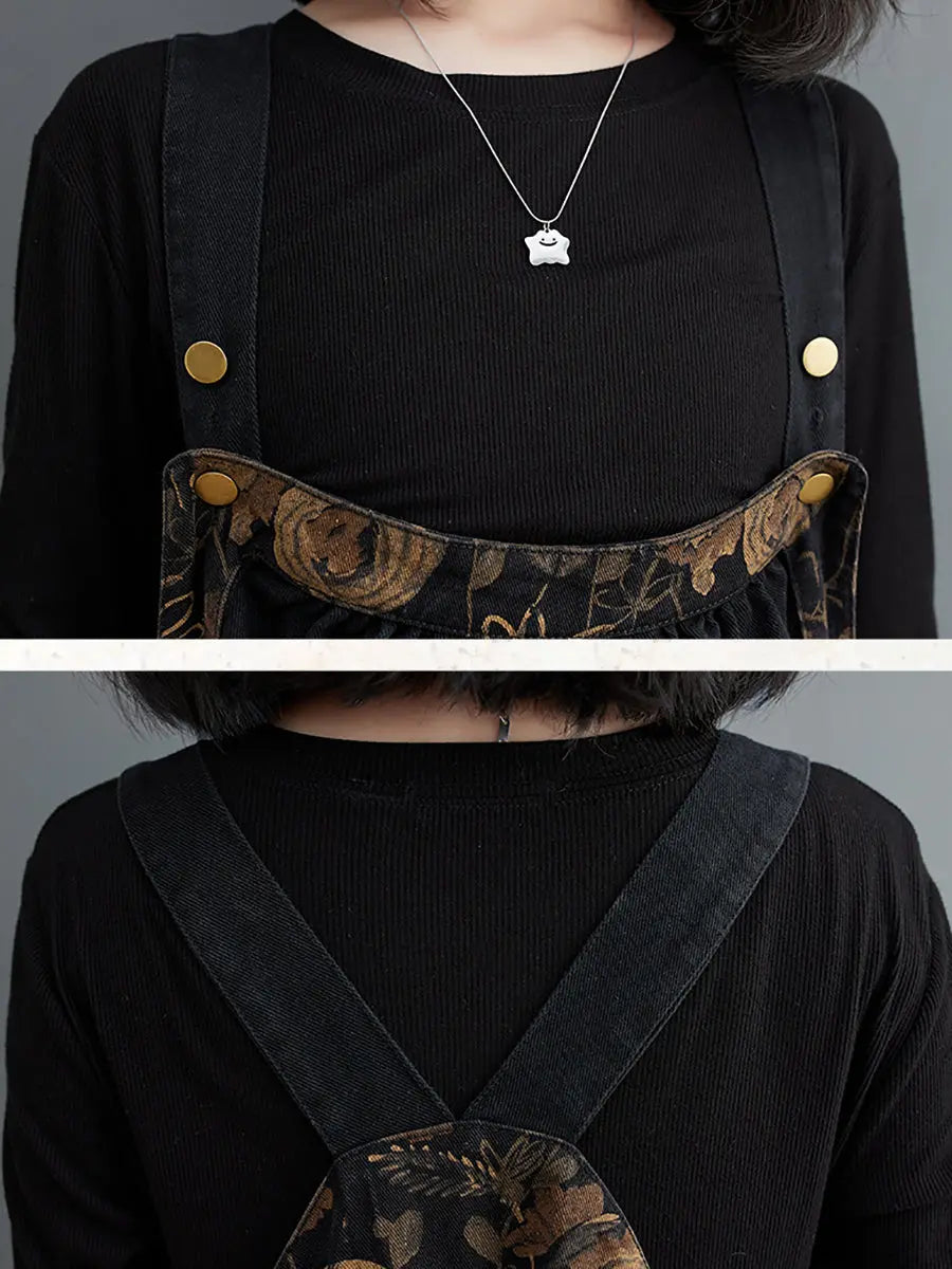 Women Vintage Floral Spliced Winter Denim Jumpsuits Ada Fashion