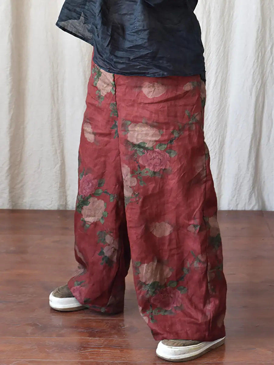 Women Vintage Floral Spring Linen Wide-leg Pants Ada Fashion