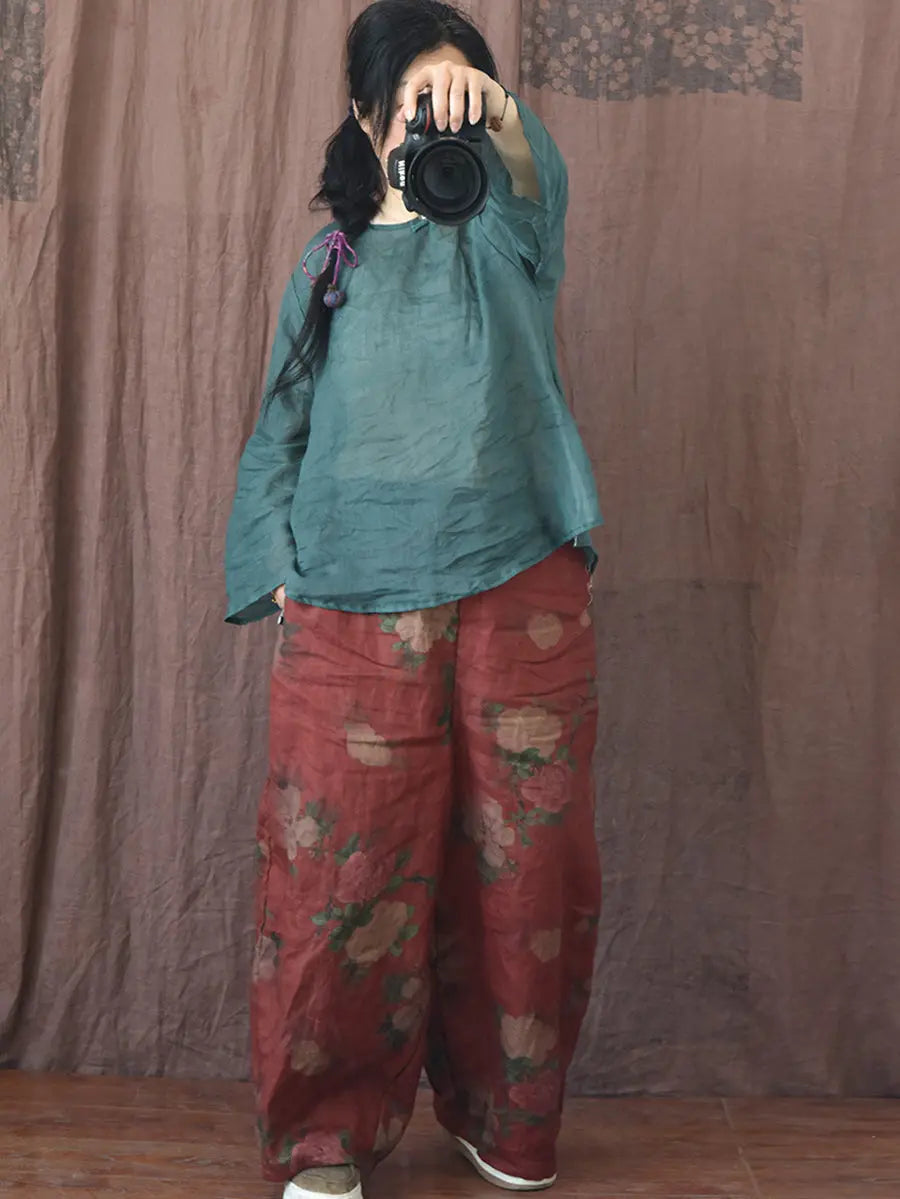 Women Vintage Floral Spring Linen Wide-leg Pants Ada Fashion