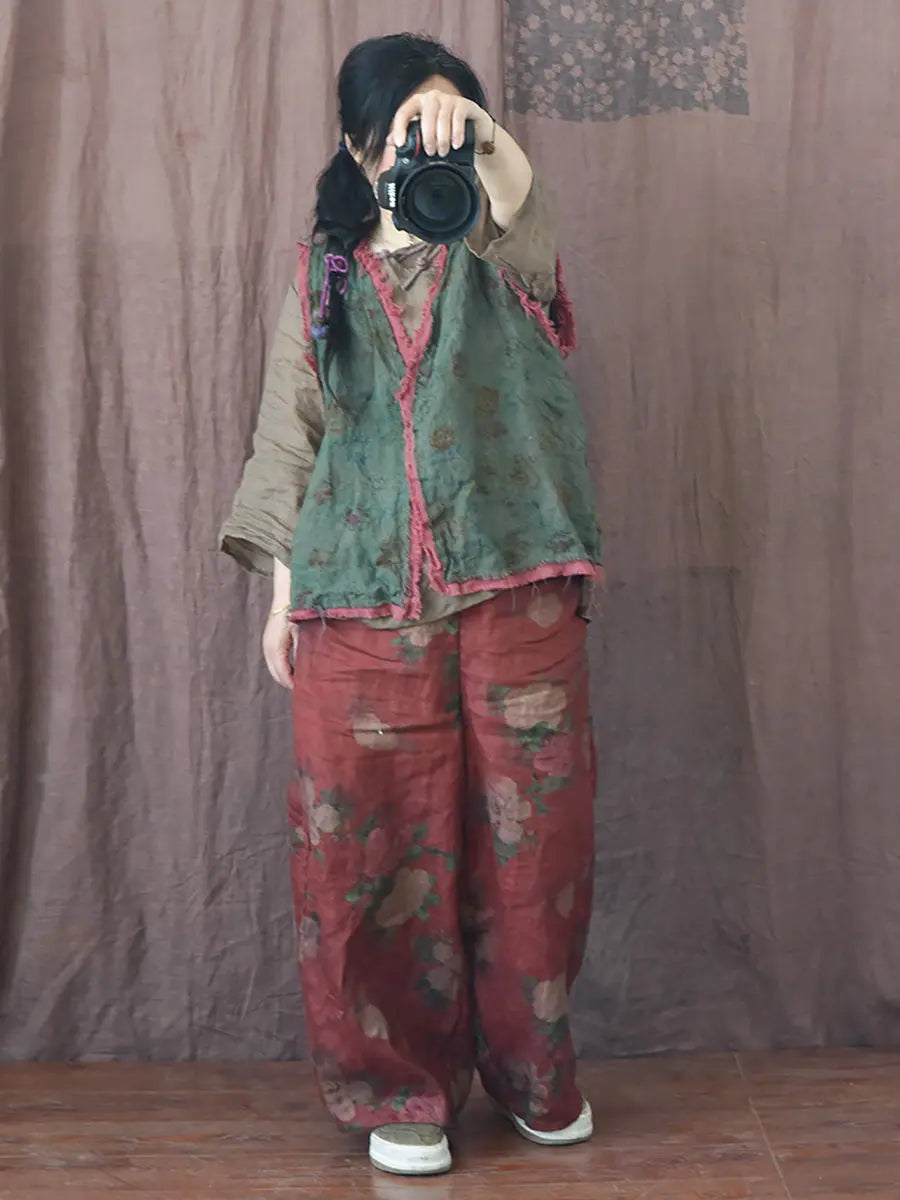 Women Vintage Floral Spring Linen Wide-leg Pants Ada Fashion