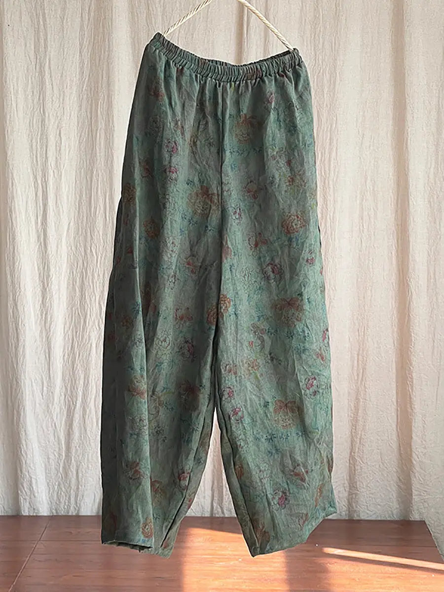 Women Vintage Floral Spring Linen Wide-leg Pants Ada Fashion