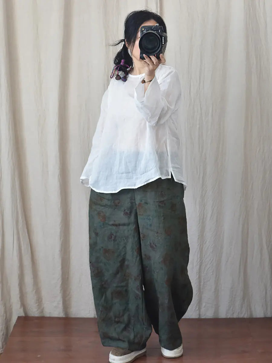 Women Vintage Floral Spring Linen Wide-leg Pants Ada Fashion