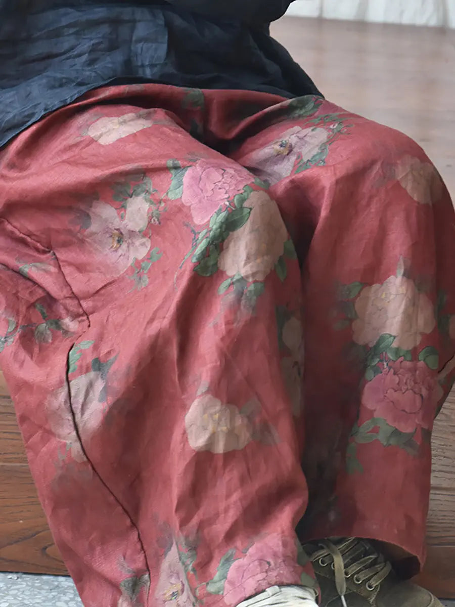 Women Vintage Floral Spring Linen Wide-leg Pants Ada Fashion