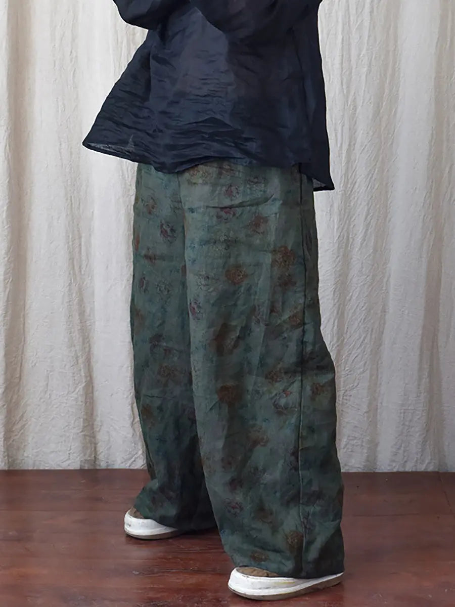 Women Vintage Floral Spring Linen Wide-leg Pants Ada Fashion