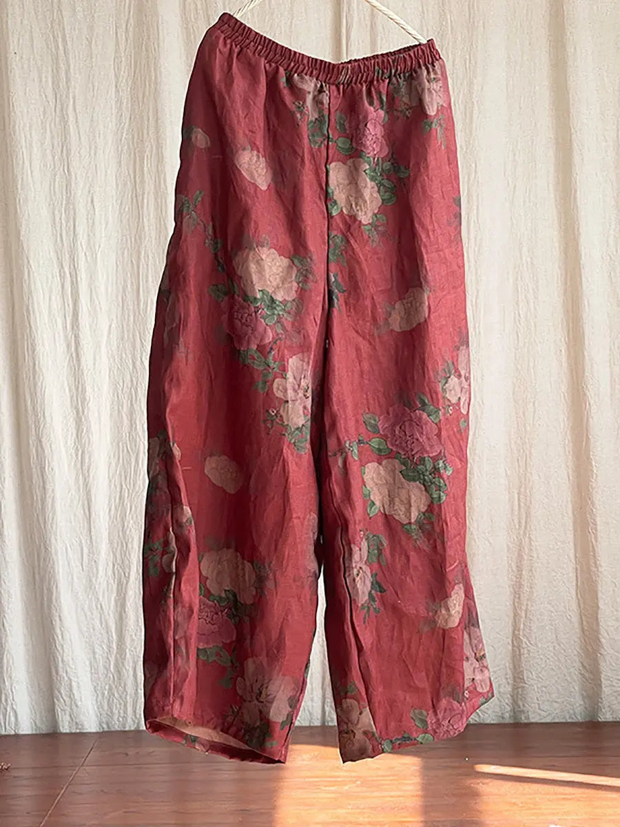 Women Vintage Floral Spring Linen Wide-leg Pants Ada Fashion