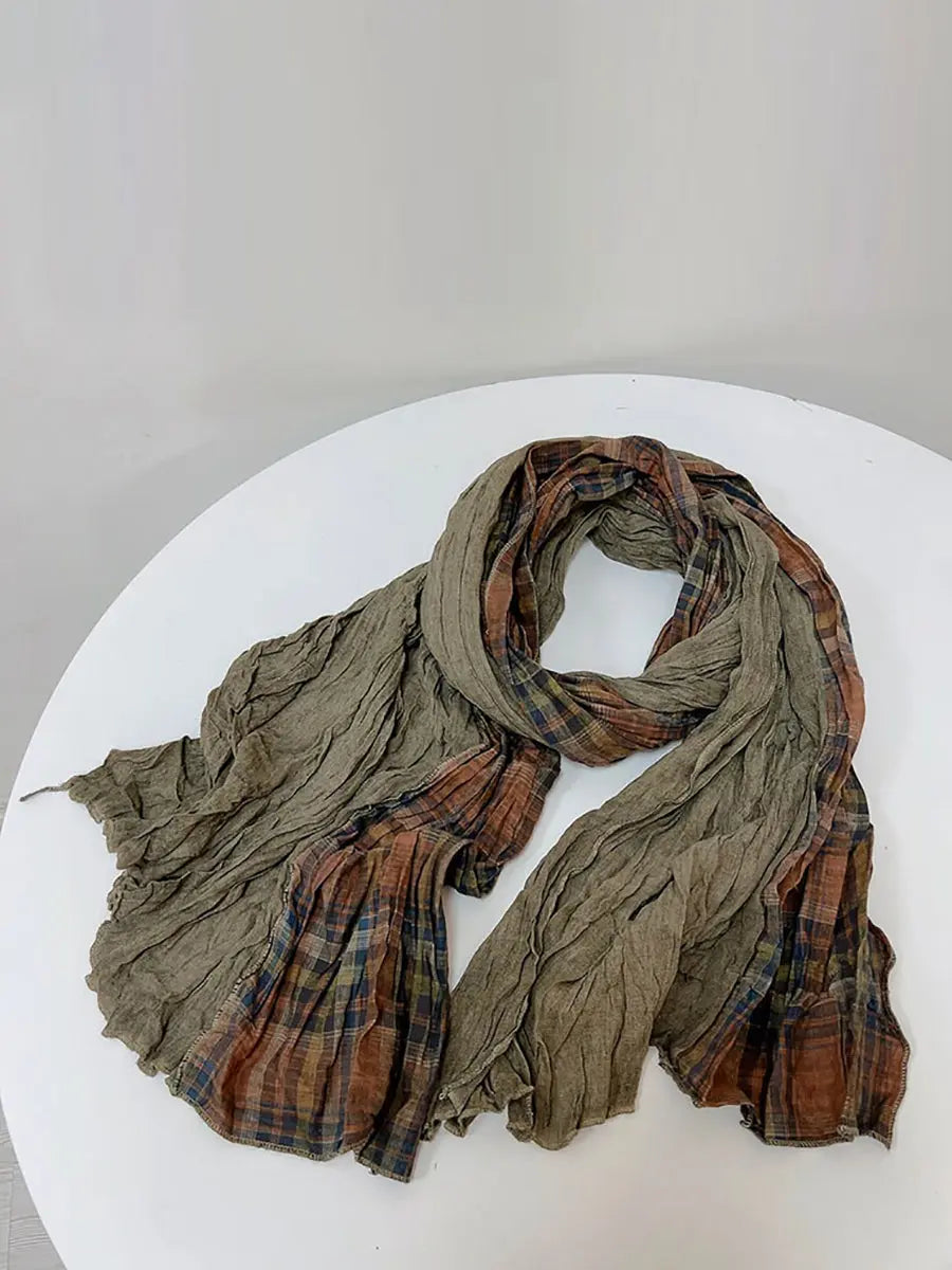 Women Vintage Plaid Spliced Cotton Scarf Ada Fashion