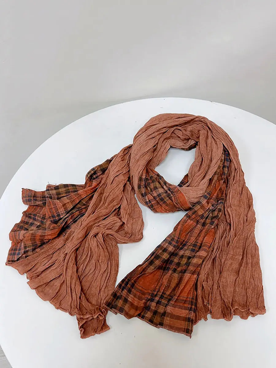 Women Vintage Plaid Spliced Cotton Scarf Ada Fashion