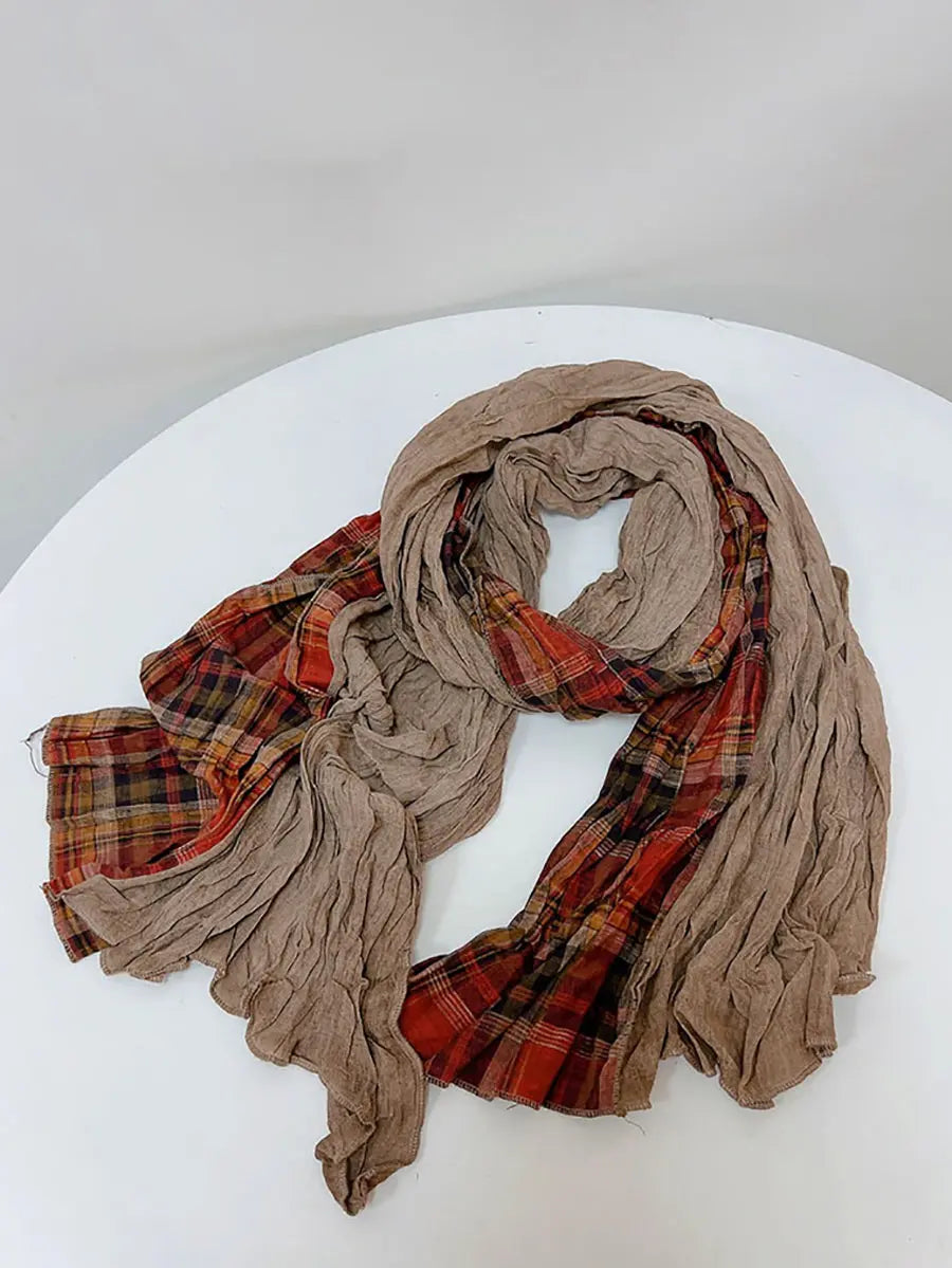 Women Vintage Plaid Spliced Cotton Scarf Ada Fashion