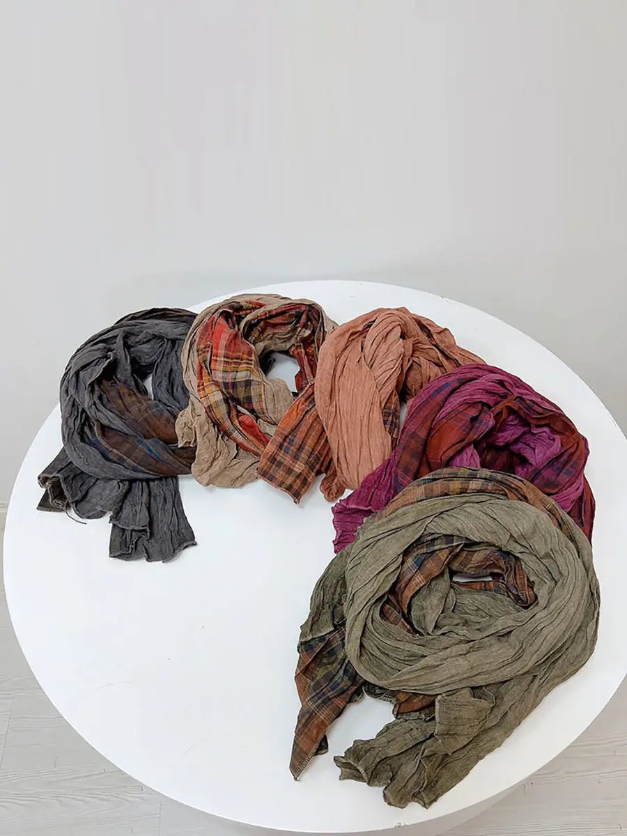 Women Vintage Plaid Spliced Cotton Scarf Ada Fashion